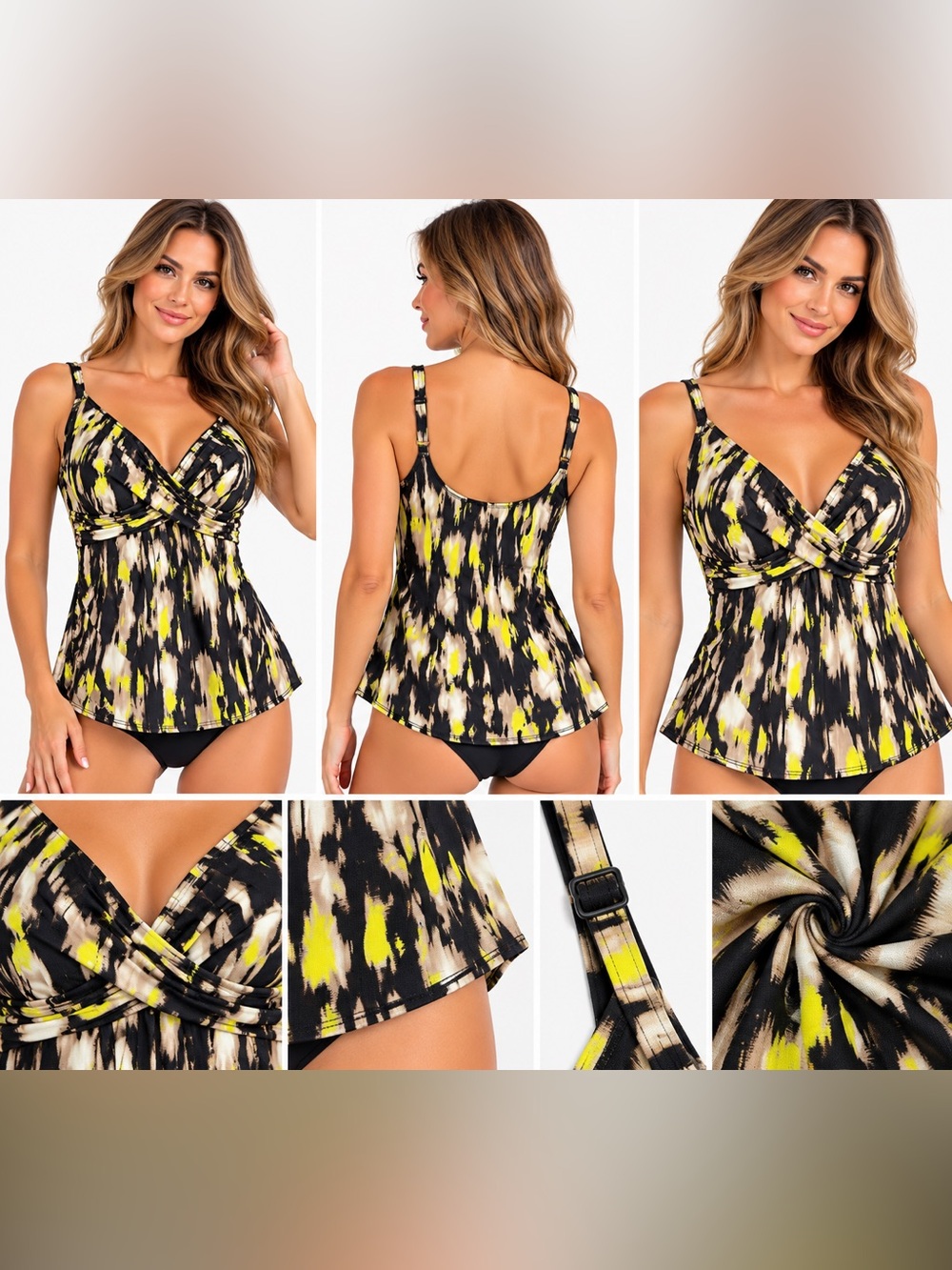 DKNY Abstract Print Tankini Swim Top Black Yellow Size M NWOT